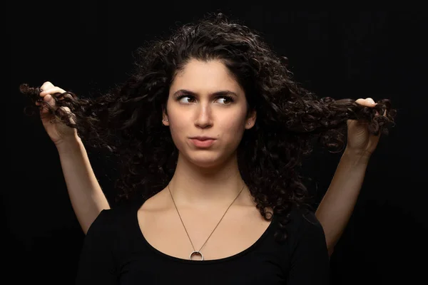 Girl Curly Dark Hair Concept Hair Care — Stock Photo, Image