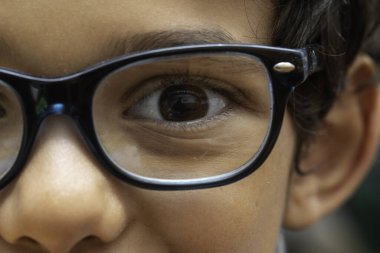 Zeki ve tatlı bir delikanlının gözlerine aşırı yakın bir bakış. Beş yaşındaki bir çocuğun portresi büyük kare gözlükler takıyor ve siyah bir odası var, kitap kurdu okula dönmeye hazır..