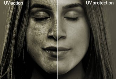 Yirmili yaşların başında bir kızın yüzündeki güneş ışınlarının sonuçlarını gösteren bir ekran. Ultraviyole ışınlı ve ultraviyole ışınsız deri etkileri.
