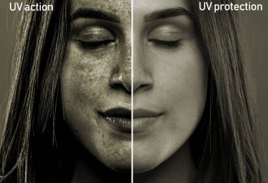A split screen showing the results of sun rays on the soft face of a girl in her early twenties. After effects of skin with and without UV protection. clipart