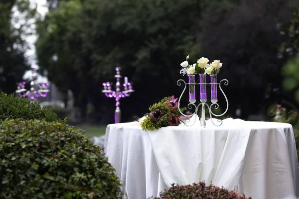 Bord Dekorerade Och Belysta Med Lila Ljus Grönt Par — Stockfoto