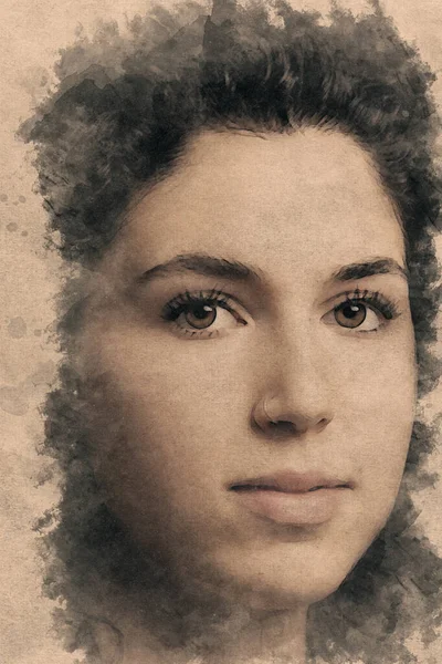 Retrato Mulher Jovem Com Efeito Aquarela Vintage — Fotografia de Stock
