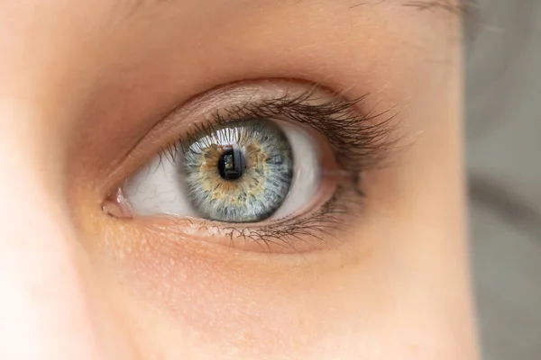 Ekstremalne Zbliżenie Trzydzieści Coś Białej Kobiety Zdrowymi Niebieskimi Oczami Szczegóły — Zdjęcie stockowe
