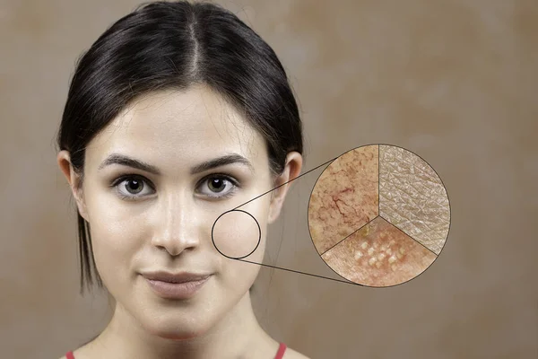 Gorgeous Brunette Girl Poses Portrait Neutral Background Magnified Circle Shows — Stock Photo, Image