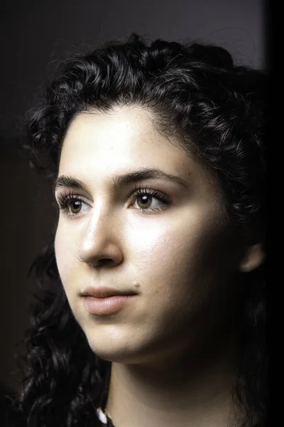 Beautiful Young Woman Dark Curly Hair Portrait — Stock Photo, Image