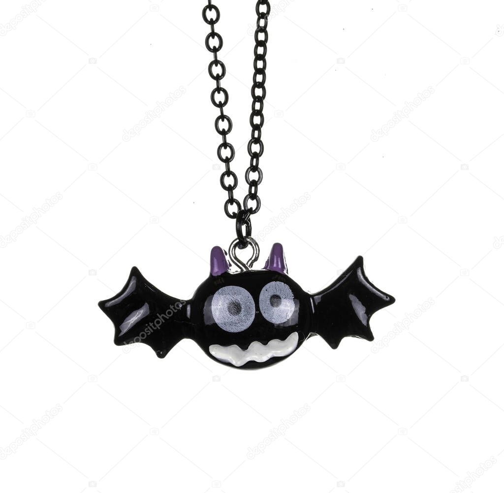 close up on kids Necklace pendant, black Bat face, isolated on white background