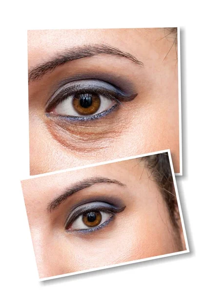 Primer Plano Los Ojos Mujer Caucásica Joven Con Maquillaje Comparación — Foto de Stock