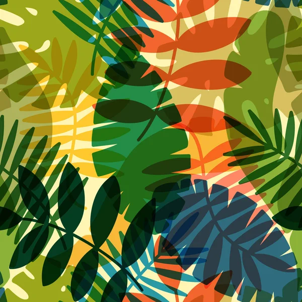 Bezešvá vektorová vzorek s tropickými rostlinami a palmové listy — Stockový vektor