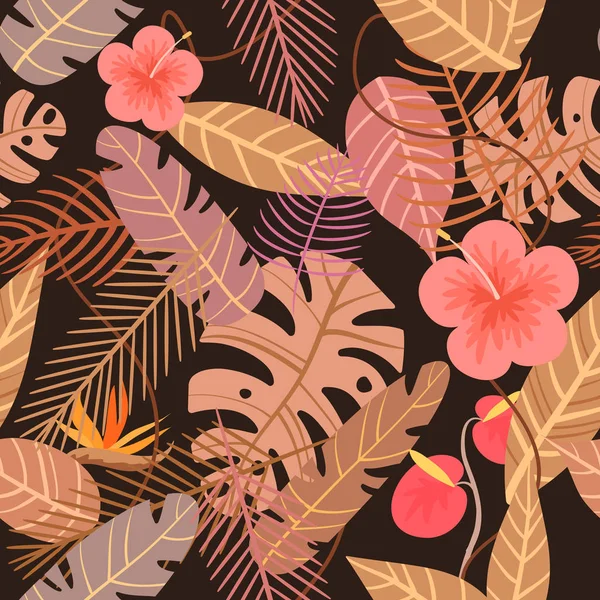 Patrón de vector tropical sin costuras con flores y hojas de palma sobre fondo oscuro — Vector de stock