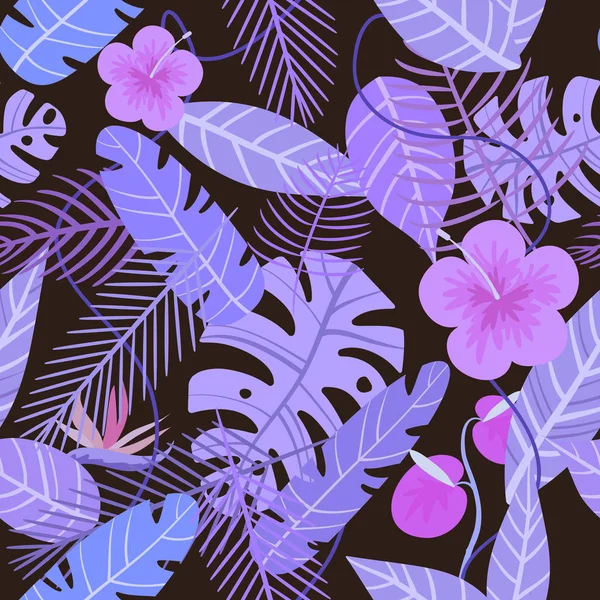 Patrón de vector tropical sin costuras con flores y hojas de palma sobre fondo oscuro — Archivo Imágenes Vectoriales