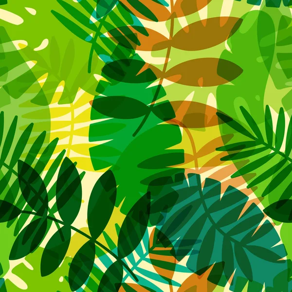 Бесшовный векторный рисунок с тропическими растениями и пальмовыми листьями Стоковая Иллюстрация