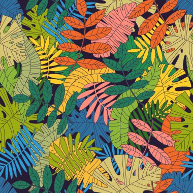 tropik bitkiler ve palmiye yaprakları ile sorunsuz vektör desen