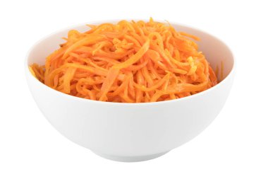 Baharat beyaz kase, üzerinde beyaz izole geleneksel Asya gıda ile çekilen sıcak havuç