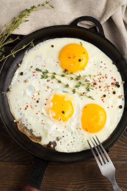 bir dökme demir tava portre üzerinde kızarmış yumurta