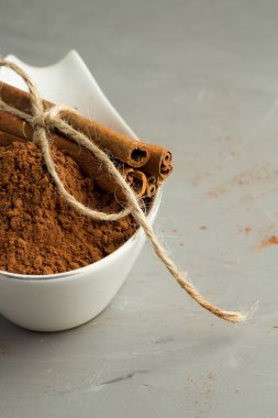 tarçın ve kakao gri bir arka plan üzerinde kapat