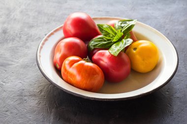 Domates ve fesleğen beyaz bir tabak içinde