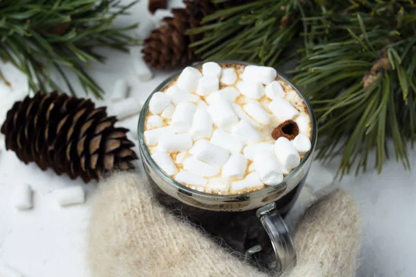 bir kupa hatmi, çam dalları ve diken diken, Noel süsleri, beyaz arka plan etrafında ile sıcak bir içecek ile bir mitten elinde tutan