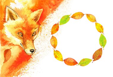 Kızıl Tilki ve sonbahar yaprakları çerçeve kenarlığı.