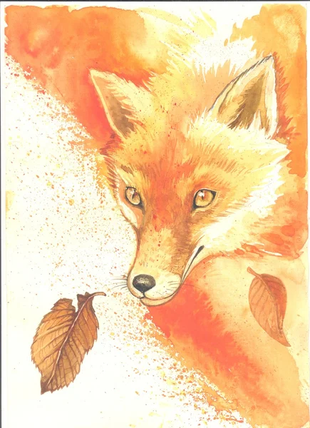 Aquarel herfst bos met red fox kaartsjabloon. — Stockfoto