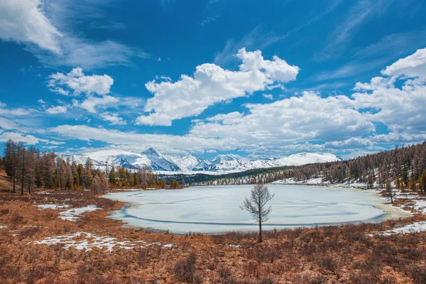 Krásné zasněžené hory a krajinu zamrzlé jezero. Altay. Rusko. Kidelu. — Stock fotografie