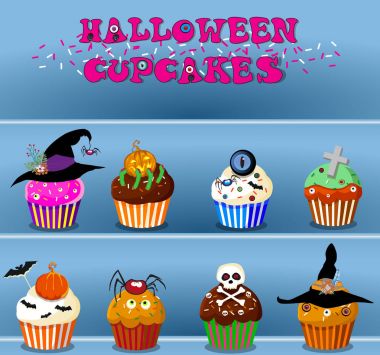 Mavi arka plan üzerinde şirin mutlu halloween cupcakes kümesi. Vektör çizim, küçük resim.