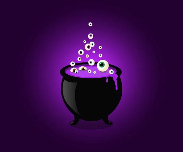 Caldero de bruja de Halloween con goo púrpura burbujeante y bolas de ojo hirviendo. Ilustración vectorial, clip art . — Vector de stock