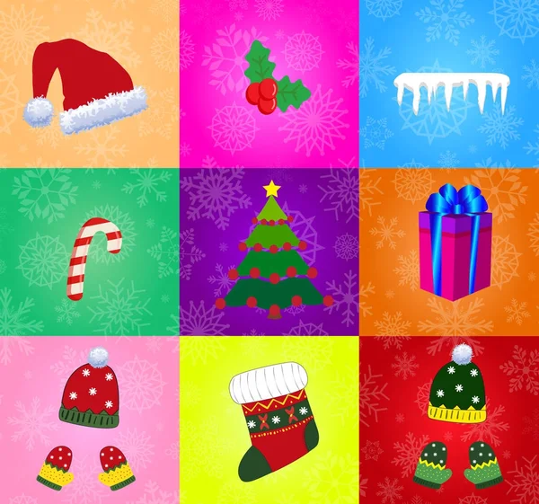 Set de accesorios navideños aislados sobre fondo multicolor. Ilustración vectorial, iconos, clip art. También se puede utilizar como patrón sin costura . — Vector de stock