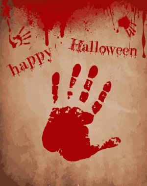 Damlayan kan, kanlı el yazdırır ve mutlu halloween metin ile eski kağıt arka plan. Vektör çizim, kartı, davet.