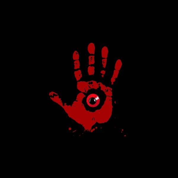 Bloody hand print with red monster eye inside isolated on black — Stock Vector