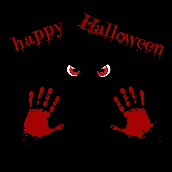Manos ensangrentadas y ojos rojos de monstruo sobre fondo negro con texto feliz de halloween. Ilustración vectorial, tarjeta, invitación . — Archivo Imágenes Vectoriales