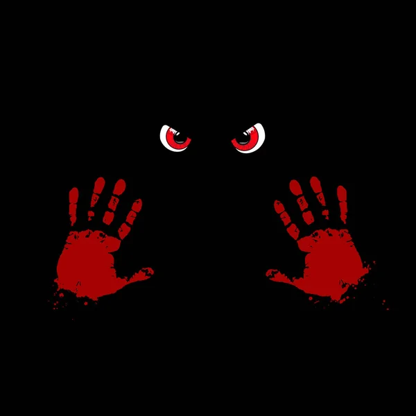 Blutige Handabdrücke und rote Monsteraugen auf schwarzem Hintergrund. Vektorillustration. — Stockvektor