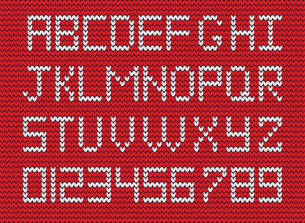 White knitted alphabet and numerals on red knitted background. V — Stock Vector