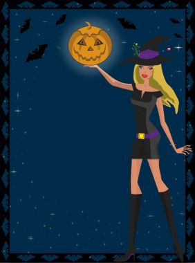 Sevimli yeşil gözlü sarışın cadı kısa elbise kabak ja asılı