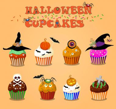 Şirin mutlu halloween cupcakes turuncu zemin üzerine kümesi. Vecto