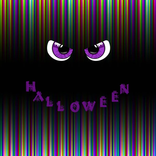 Tarjeta de Halloween. Violeta depredador monstruo ojos y palabra halloween — Vector de stock