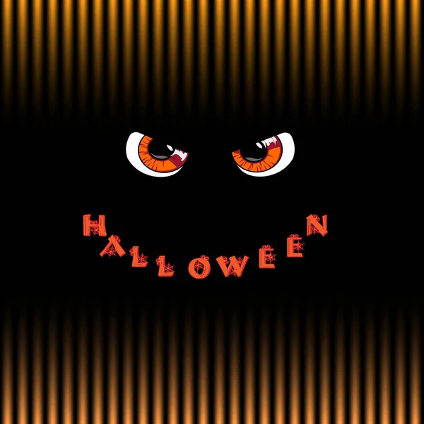 Tarjeta de Halloween. Naranja depredador monstruo ojos y palabra halloween — Vector de stock