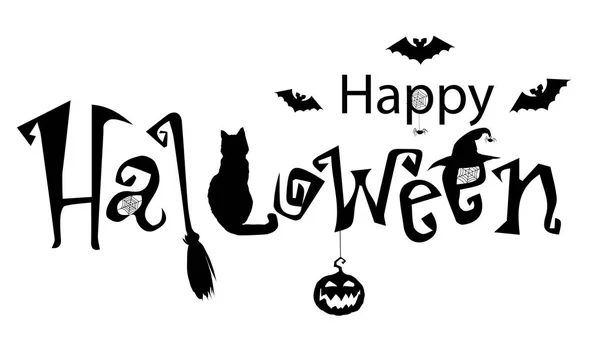 Feliz banner de texto de Halloween, vector. Ilustración monocromática ingenio — Vector de stock