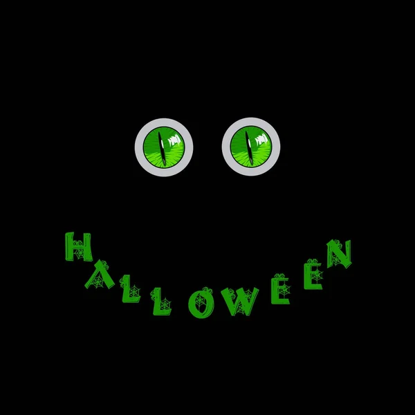 Tarjeta de Halloween. Verde depredador monstruo ojos y palabra halloween — Vector de stock