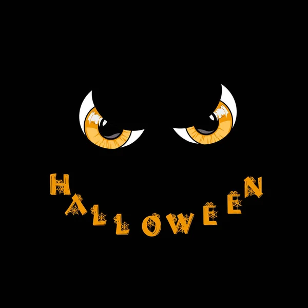 Tarjeta de Halloween. Amarillo depredador monstruo ojos y palabra halloween — Vector de stock