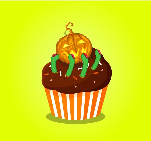 カボチャのジャックと怖いグリーン f とかわいいハッピー ハロウィン カップケーキ — ストックベクタ