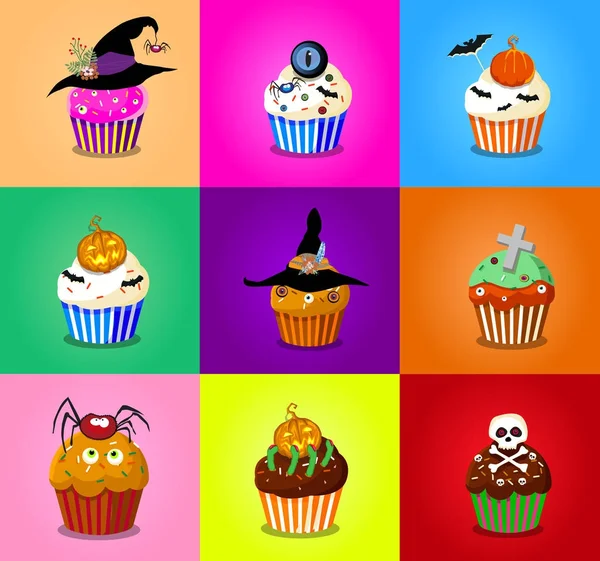 Set von niedlichen Halloween-Cupcake-Symbolen auf buntem Hintergrund. — Stockvektor