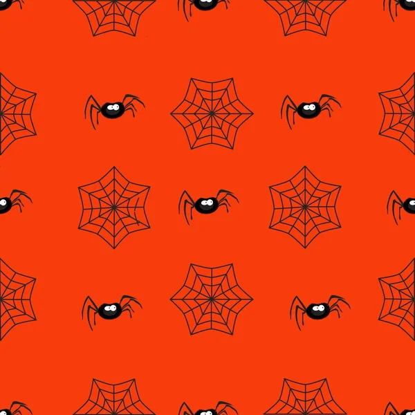 Halloween nahtloses Muster mit Spinnen und Spinnennetz auf orange — Stockvektor