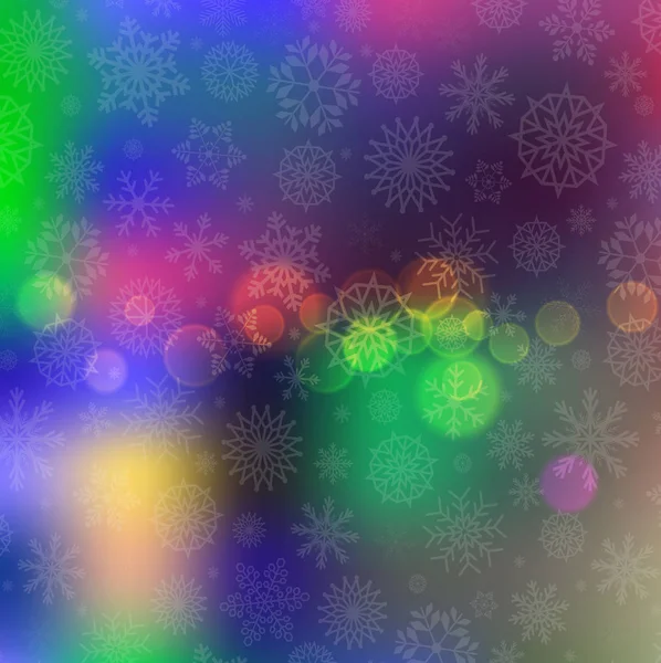 Fondo borroso brillante con luces de colores y copos de nieve — Vector de stock