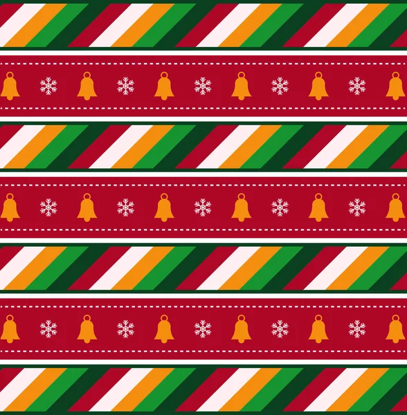Симпатичный рождественский узор с колокольчиками, снежинками и цветными полосками — стоковый вектор