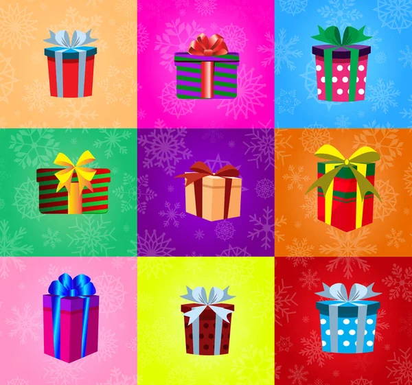 Set von Geschenken mit Bändern umwickelt farbigen Hintergrund — Stockvektor