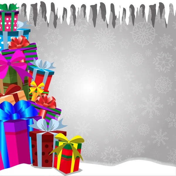 Quadro con mucchio di regali in piedi sulla neve con fiocchi di neve che cadono — Vettoriale Stock