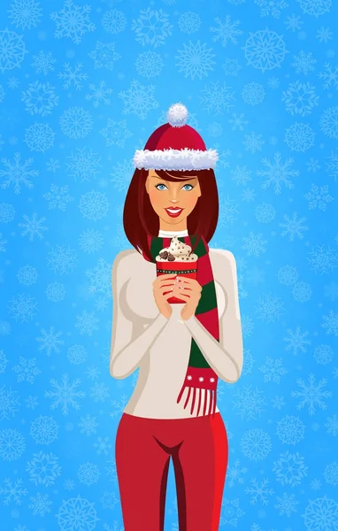 Χαριτωμένο κορίτσι με μακριά καστανά μαλλιά, ντυμένοι με santa καπέλο και το χειμώνα c — Διανυσματικό Αρχείο