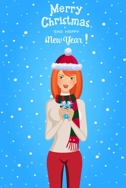 Weihnachts- und Neujahrskarte mit süßem Ingwer lächelndem Mädchen in sa — Stockvektor