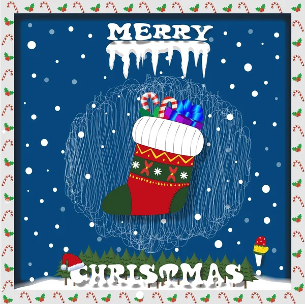 Merry Xmas card met sneeuw, ijspegels, Sok met giften en chr — Stockvector