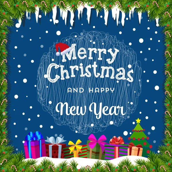 Frohe Weihnachtskarte mit Schnee, Eiszapfen, Weihnachtsbaum und Gif — Stockvektor